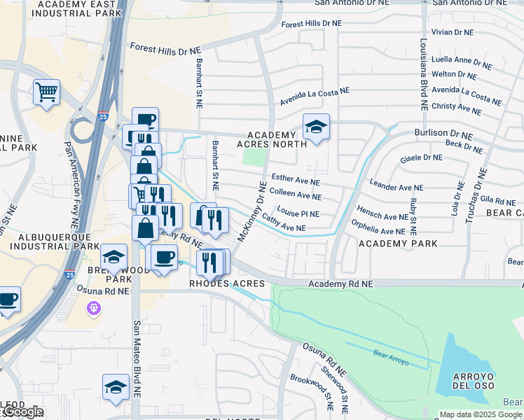 map of restaurants, bars, coffee shops, grocery stores, and more near 6417 Louise Place Northeast in Albuquerque