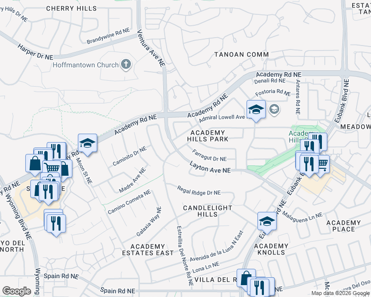 map of restaurants, bars, coffee shops, grocery stores, and more near 9300 Farragut Drive Northeast in Albuquerque