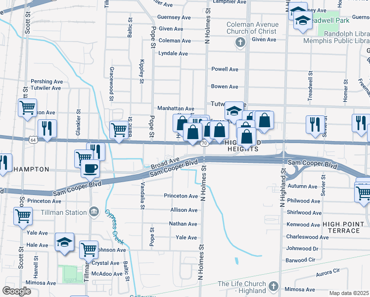 map of restaurants, bars, coffee shops, grocery stores, and more near 3230 Summer Avenue in Memphis