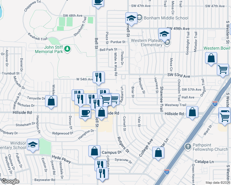 map of restaurants, bars, coffee shops, grocery stores, and more near 5712 Autumn Place in Amarillo