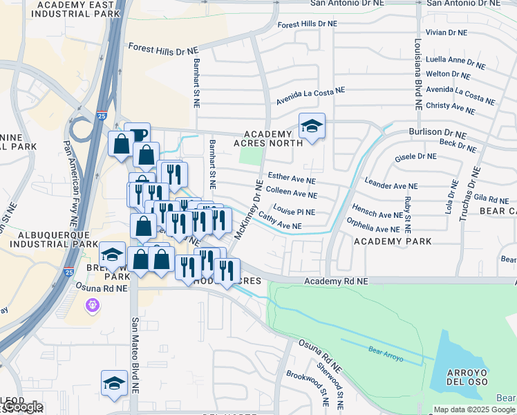 map of restaurants, bars, coffee shops, grocery stores, and more near 6417 Louise Place Northeast in Albuquerque