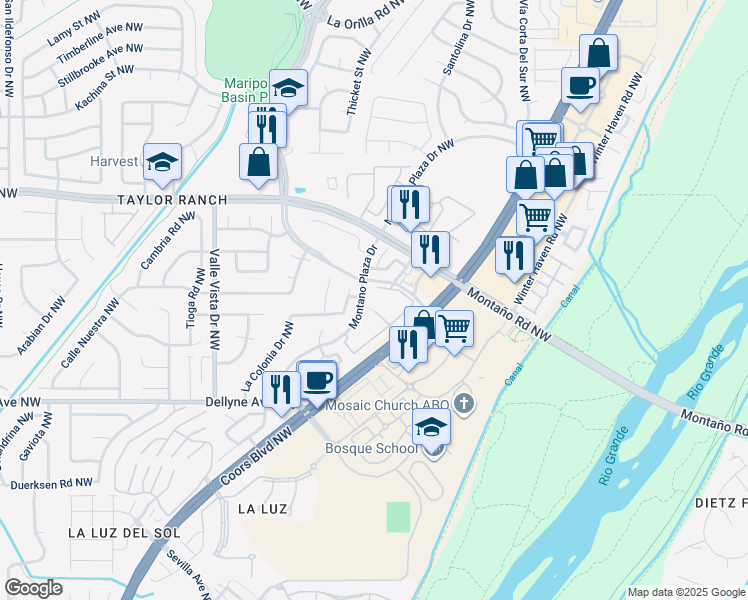 map of restaurants, bars, coffee shops, grocery stores, and more near 5709 La Colonia Drive Northwest in Albuquerque