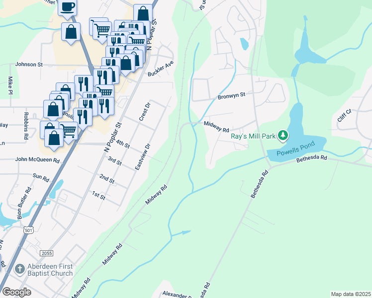 map of restaurants, bars, coffee shops, grocery stores, and more near 640 Midway Road in Aberdeen
