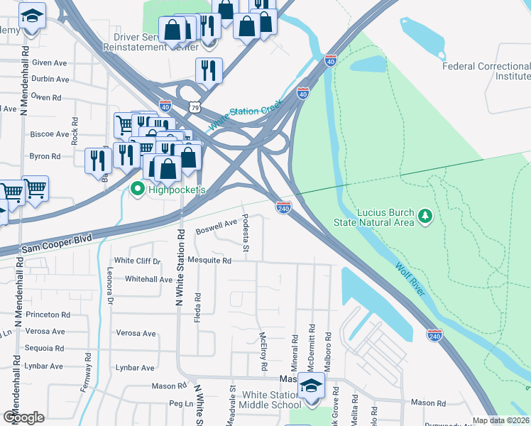 map of restaurants, bars, coffee shops, grocery stores, and more near 5362 Boswell Avenue in Memphis