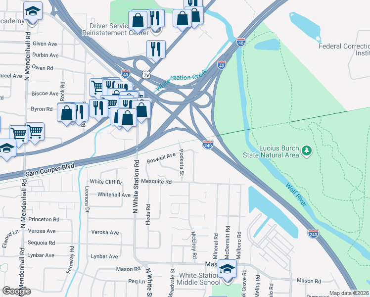 map of restaurants, bars, coffee shops, grocery stores, and more near 5335 Boswell Avenue in Memphis