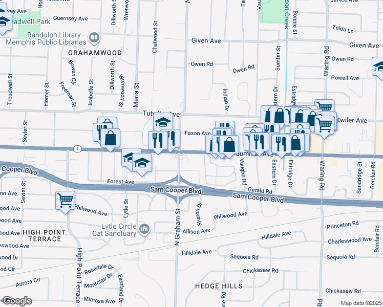 map of restaurants, bars, coffee shops, grocery stores, and more near 4030 Summer Avenue in Memphis