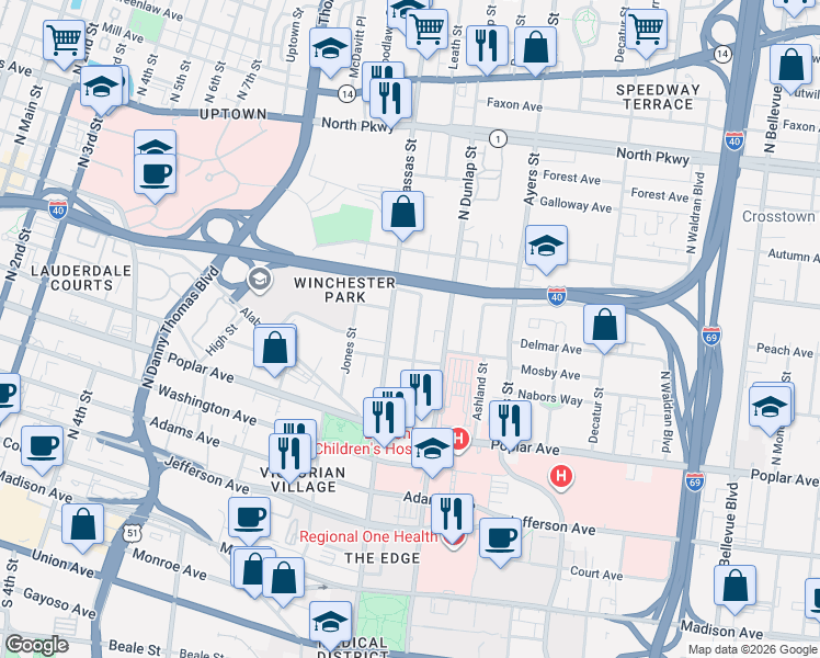 map of restaurants, bars, coffee shops, grocery stores, and more near 324 Leath Street in Memphis