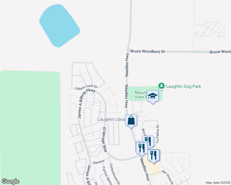 map of restaurants, bars, coffee shops, grocery stores, and more near 2040 Port Royal Drive in Laughlin