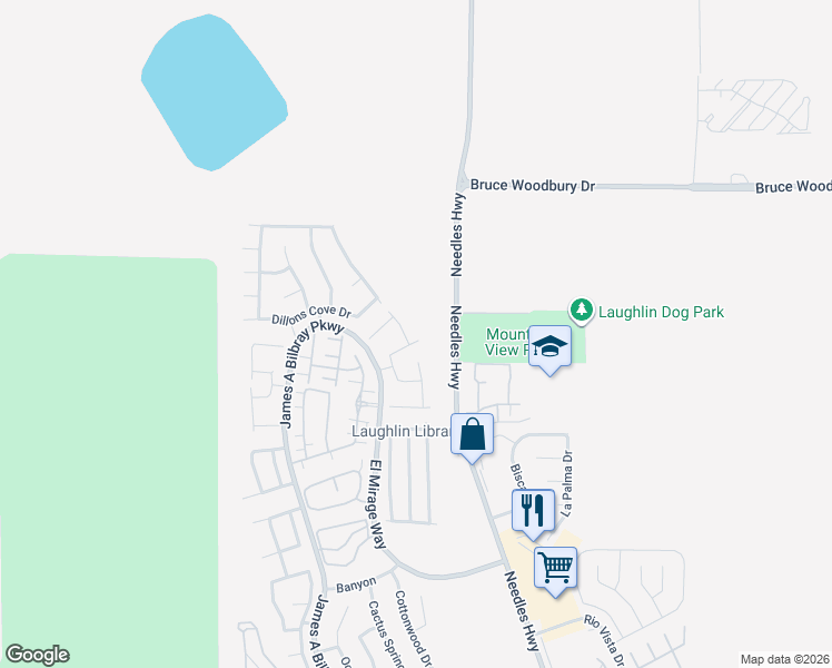 map of restaurants, bars, coffee shops, grocery stores, and more near 2040 Port Royal Drive in Laughlin