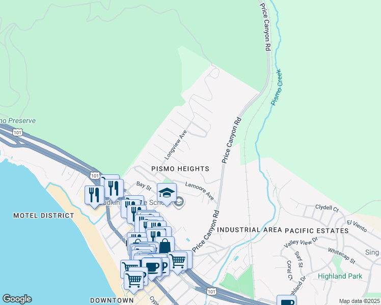 map of restaurants, bars, coffee shops, grocery stores, and more near 821 Taft Street in Pismo Beach