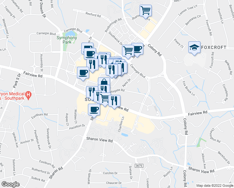 map of restaurants, bars, coffee shops, grocery stores, and more near 2901 Coltsgate Road in Charlotte