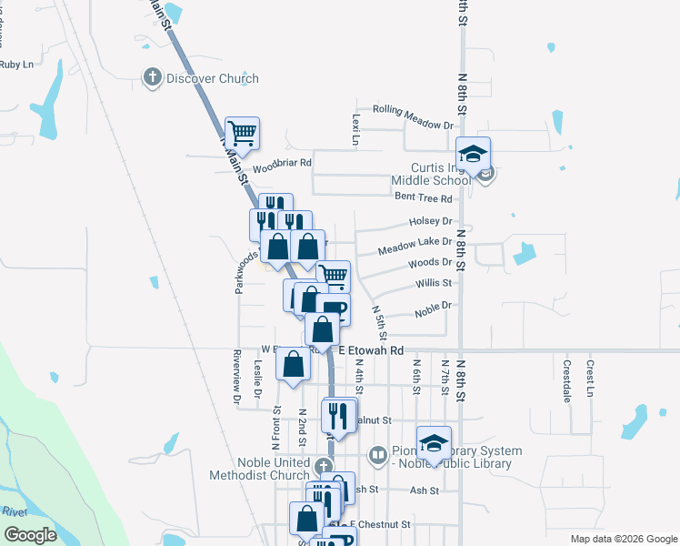 map of restaurants, bars, coffee shops, grocery stores, and more near 903 Acacia Circle in Noble