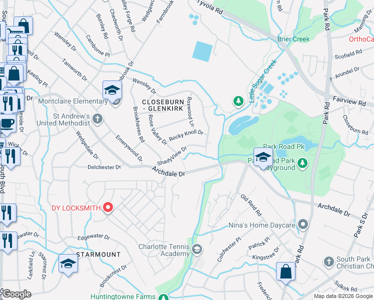 map of restaurants, bars, coffee shops, grocery stores, and more near 2227 Shady View Drive in Charlotte