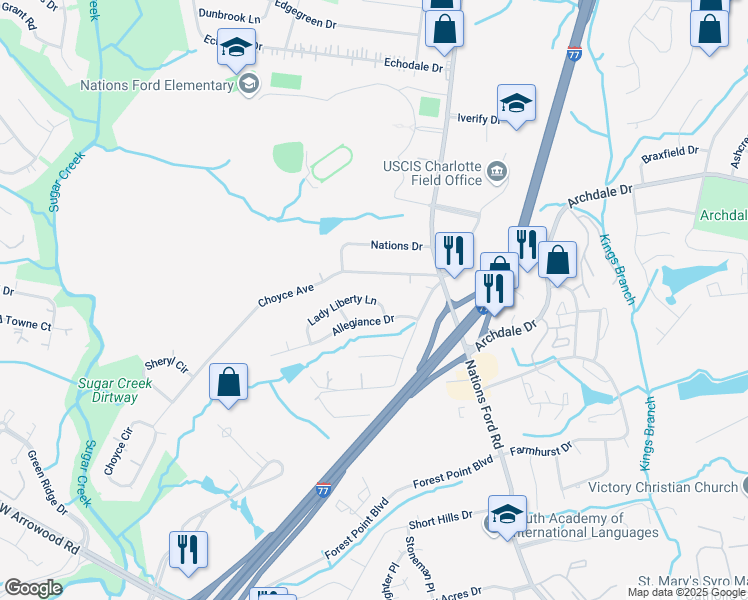 map of restaurants, bars, coffee shops, grocery stores, and more near 7605 Lady Liberty Lane in Charlotte