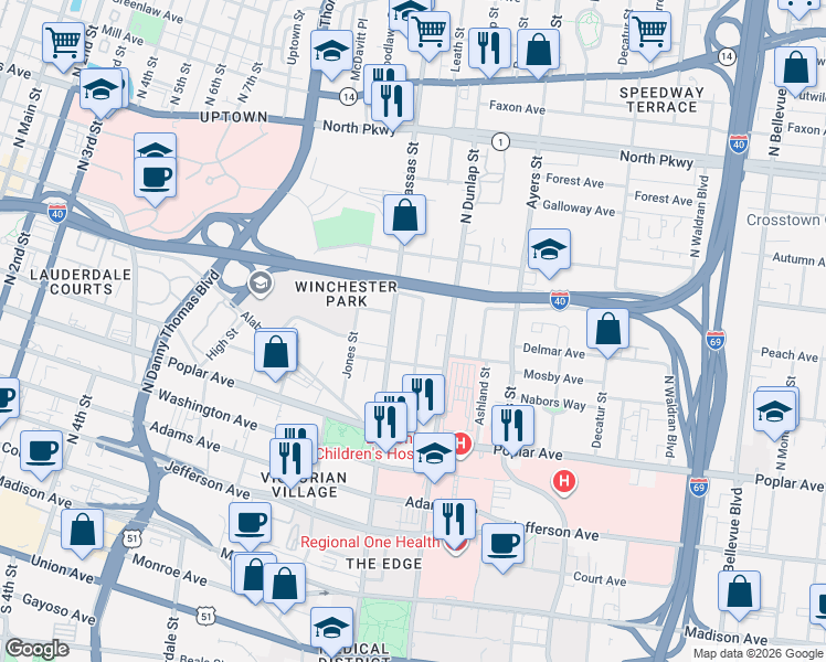 map of restaurants, bars, coffee shops, grocery stores, and more near 307 Leath Street in Memphis