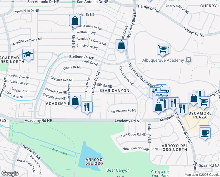 map of restaurants, bars, coffee shops, grocery stores, and more near 7433 Gila Road Northeast in Albuquerque
