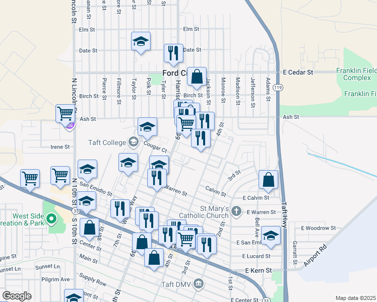 map of restaurants, bars, coffee shops, grocery stores, and more near 521 Finley Drive in Taft
