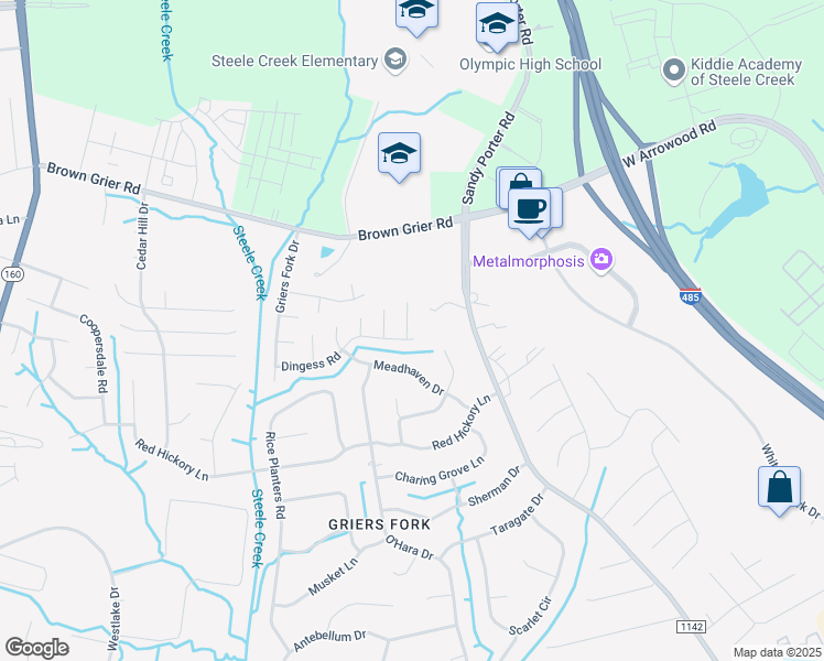 map of restaurants, bars, coffee shops, grocery stores, and more near 14059 Dingess Road in Charlotte