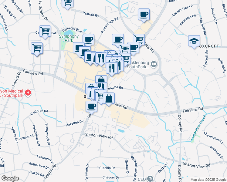 map of restaurants, bars, coffee shops, grocery stores, and more near 2901 Coltsgate Road in Charlotte