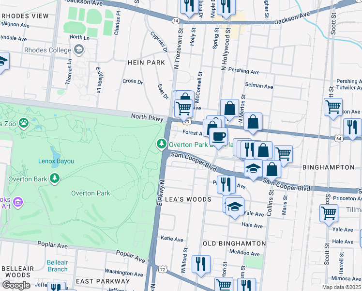 map of restaurants, bars, coffee shops, grocery stores, and more near 2360 Parkway Place in Memphis