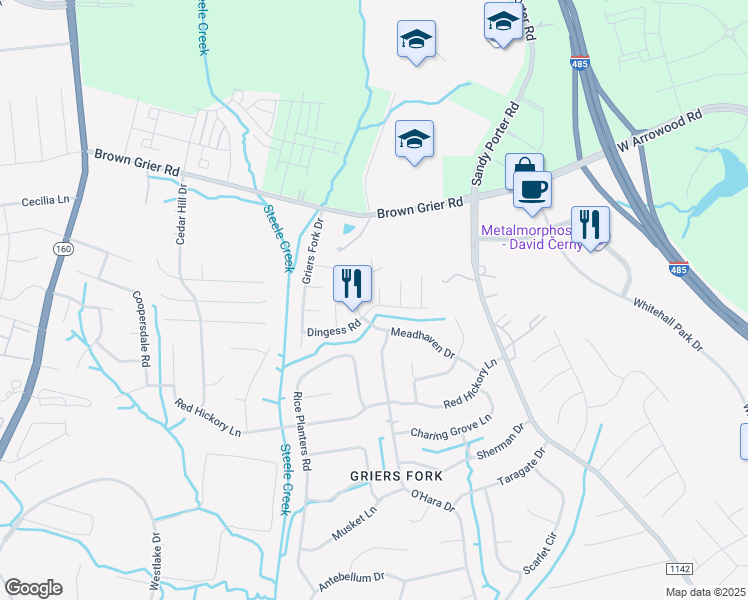 map of restaurants, bars, coffee shops, grocery stores, and more near 14019 Dingess Road in Charlotte