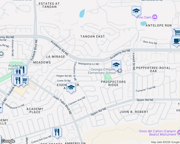 map of restaurants, bars, coffee shops, grocery stores, and more near 6201 Academy Ridge Place Northeast in Albuquerque