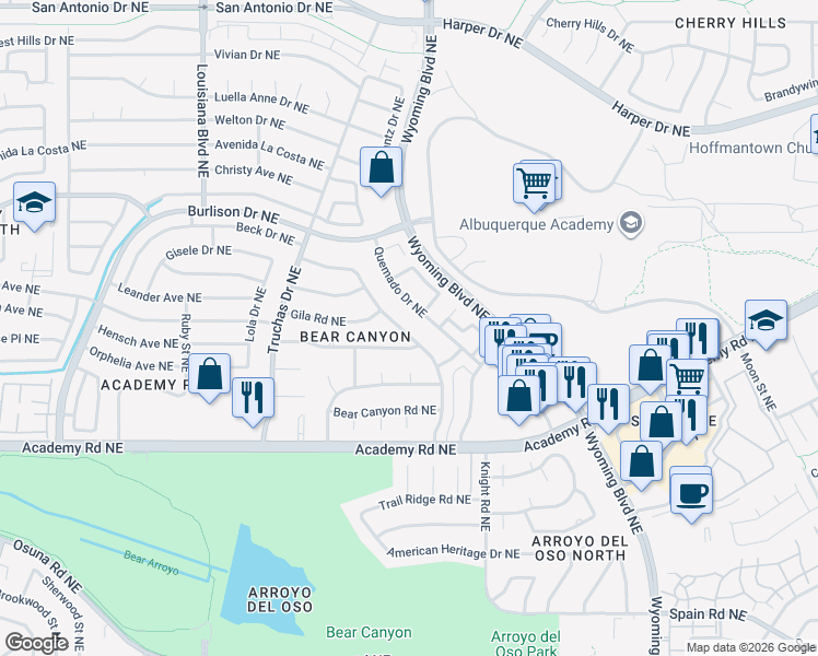 map of restaurants, bars, coffee shops, grocery stores, and more near 6105 Quemado Drive in Albuquerque