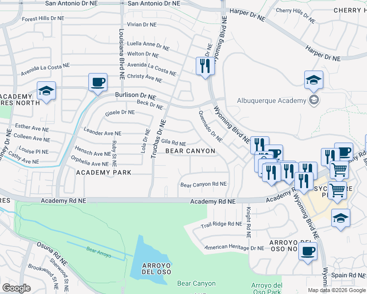 map of restaurants, bars, coffee shops, grocery stores, and more near 7433 Gila Road Northeast in Albuquerque