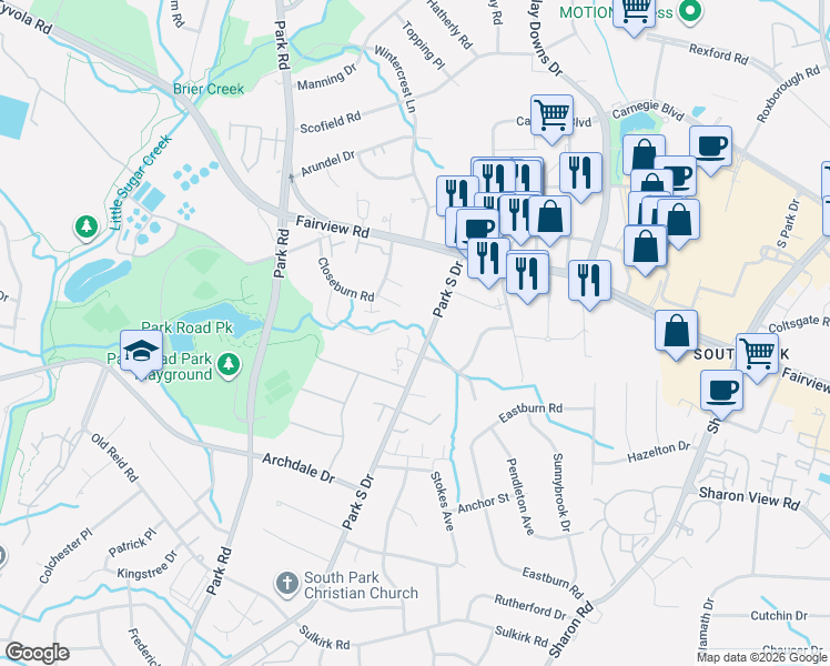 map of restaurants, bars, coffee shops, grocery stores, and more near in Charlotte