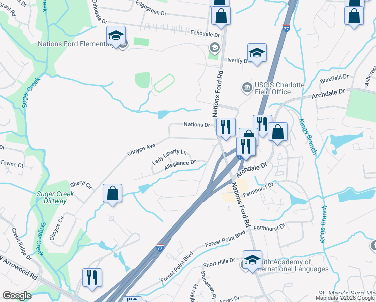 map of restaurants, bars, coffee shops, grocery stores, and more near 1053 Choyce Avenue in Charlotte