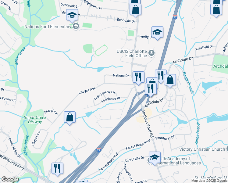 map of restaurants, bars, coffee shops, grocery stores, and more near 7605 Lady Liberty Lane in Charlotte