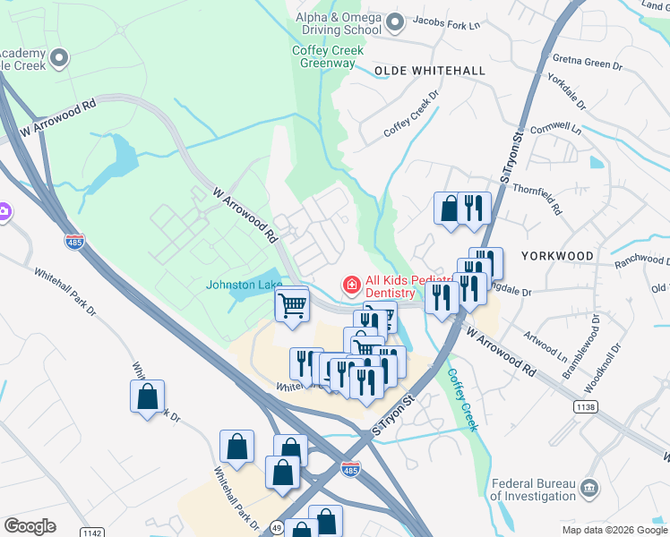 map of restaurants, bars, coffee shops, grocery stores, and more near 7550 Red Mulberry Way in Charlotte