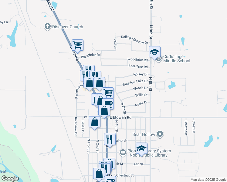 map of restaurants, bars, coffee shops, grocery stores, and more near 1006 North 5th Street in Noble