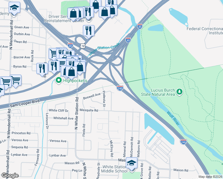 map of restaurants, bars, coffee shops, grocery stores, and more near 5362 Boswell Avenue in Memphis