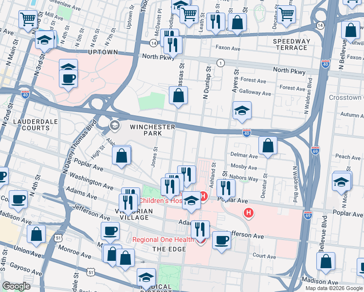 map of restaurants, bars, coffee shops, grocery stores, and more near 307 Leath Street in Memphis