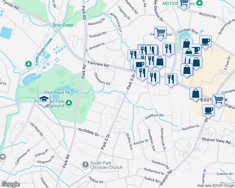 map of restaurants, bars, coffee shops, grocery stores, and more near in Charlotte