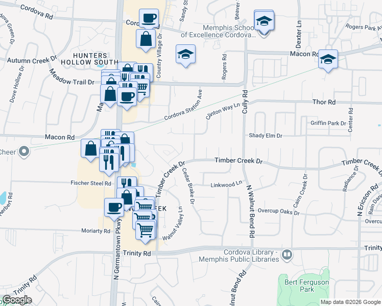 map of restaurants, bars, coffee shops, grocery stores, and more near 892 Timber Grove Drive in Memphis