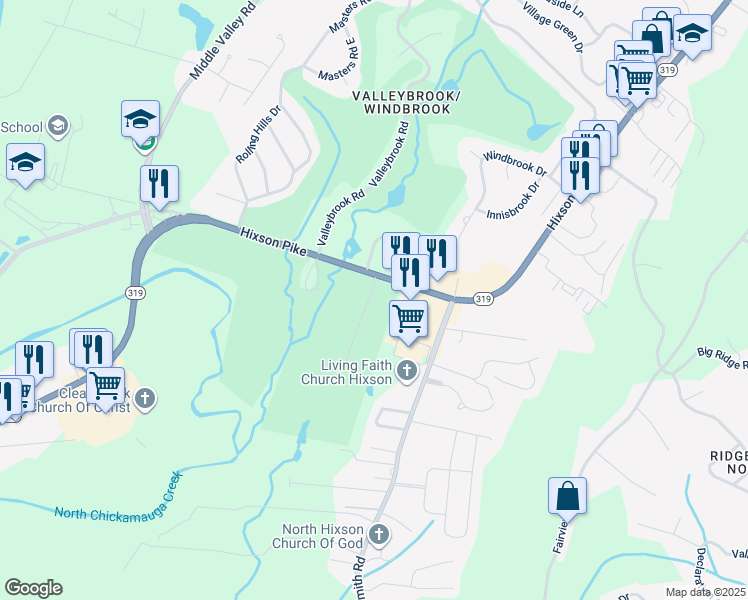 map of restaurants, bars, coffee shops, grocery stores, and more near 138 Templeton Lane in Chattanooga