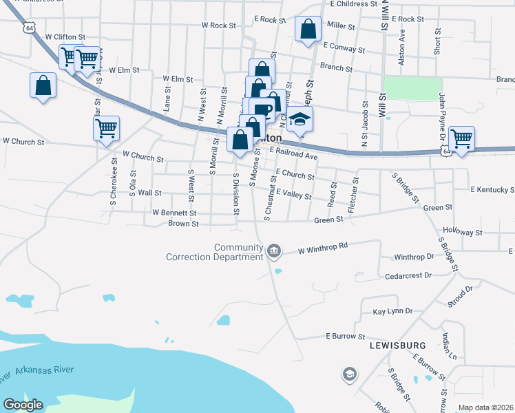 map of restaurants, bars, coffee shops, grocery stores, and more near 308 South Chestnut Street in Morrilton
