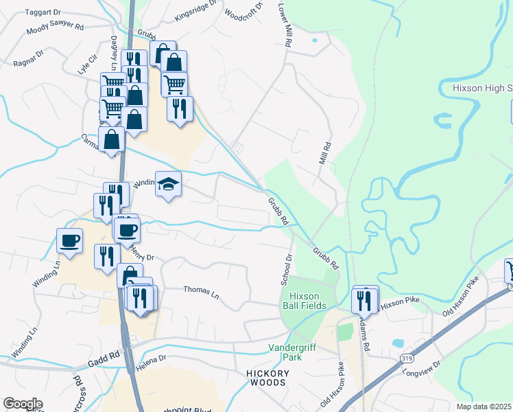 map of restaurants, bars, coffee shops, grocery stores, and more near 1371 Chase Meadows Circle in Chattanooga