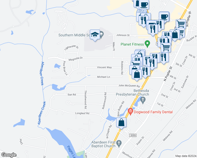 map of restaurants, bars, coffee shops, grocery stores, and more near 143 Michael Lane in Aberdeen