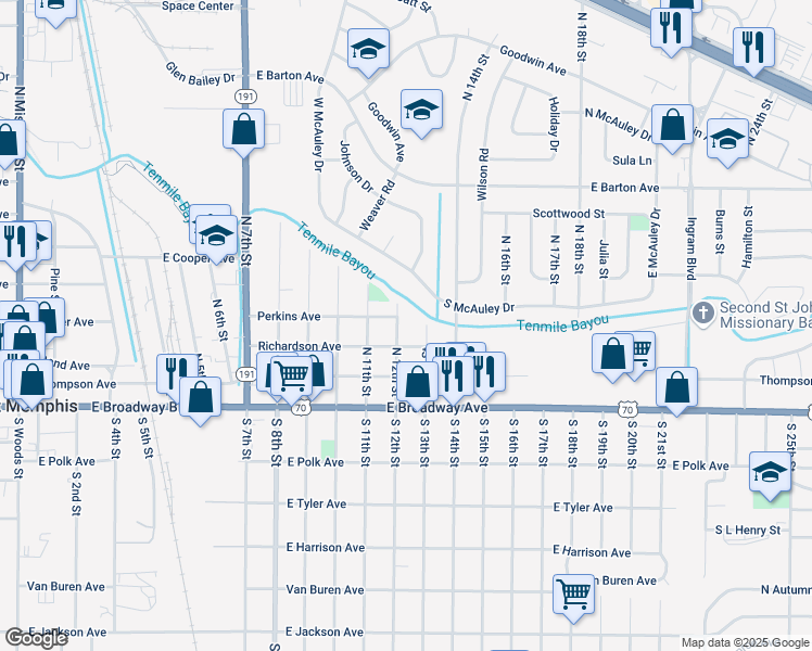 map of restaurants, bars, coffee shops, grocery stores, and more near 401 North 12th Street in West Memphis