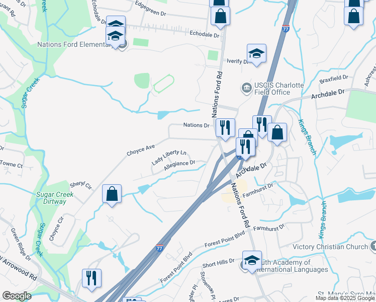 map of restaurants, bars, coffee shops, grocery stores, and more near 1053 Choyce Avenue in Charlotte