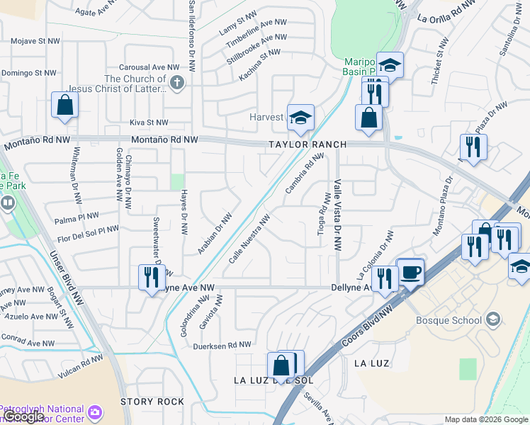 map of restaurants, bars, coffee shops, grocery stores, and more near 5521 Calle Nuestra Northwest in Albuquerque
