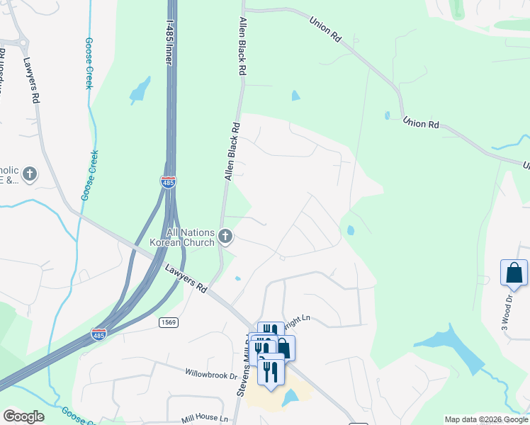 map of restaurants, bars, coffee shops, grocery stores, and more near 5900 Allen Black Road in Charlotte