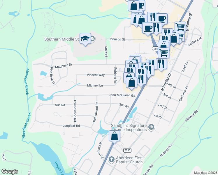 map of restaurants, bars, coffee shops, grocery stores, and more near 102 Michael Lane in Aberdeen