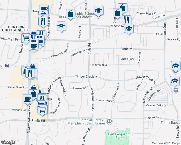 map of restaurants, bars, coffee shops, grocery stores, and more near 879 Wood Cairn Cove in Memphis