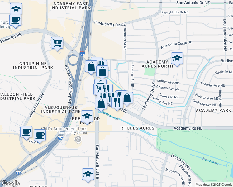 map of restaurants, bars, coffee shops, grocery stores, and more near Unnamed Road in Albuquerque