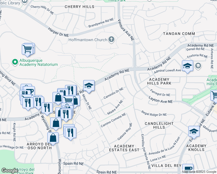 map of restaurants, bars, coffee shops, grocery stores, and more near 6116 Casa De Vida Northeast in Albuquerque