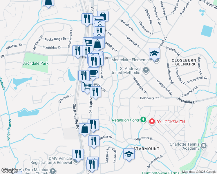 map of restaurants, bars, coffee shops, grocery stores, and more near 1420 Springwood Lane in Charlotte